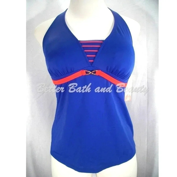 Tropical Escape Halter Tankini Swim Suit Top Size 8‎ Blue & Orange Stripe - Picture 1 of 3
